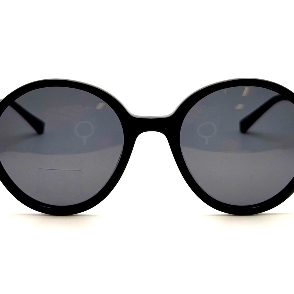 Round Black Acetate Sunglasses Gold Metal Accents, White Interior laminate - Picture 3 of 9